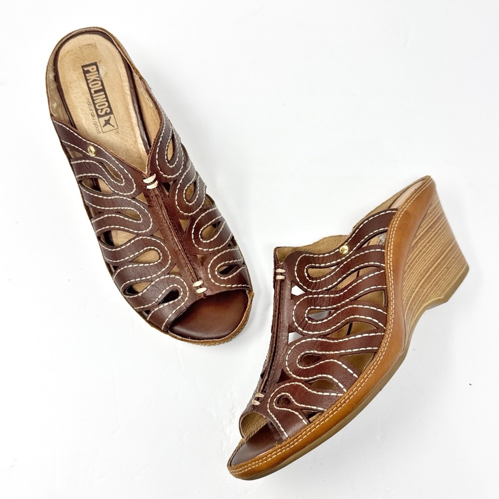 Pikolinos Capri Leather Wedge Sandals Brown Size 39